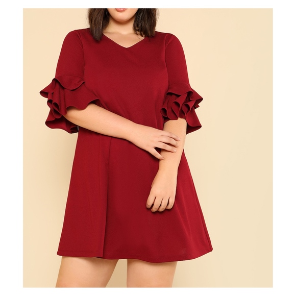 MBM Unlimited Dresses & Skirts - Burgundy Half Ruffle Sleeve Plus Size Shift Dress